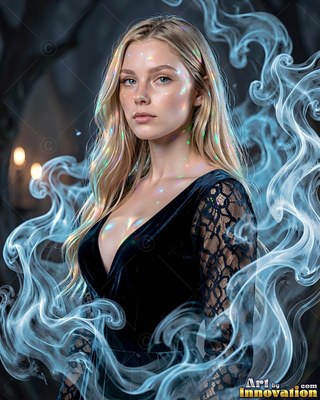 In a dim room, a blond woman in a black dress stands surrounded by drifting blue smoke