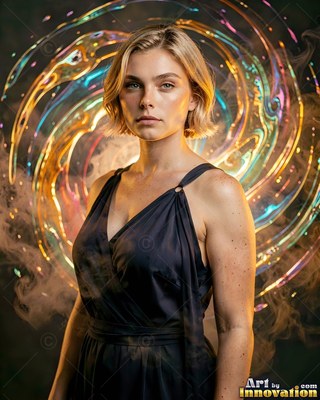 Standing still, a blonde woman in a black dress poses before rings of golden light