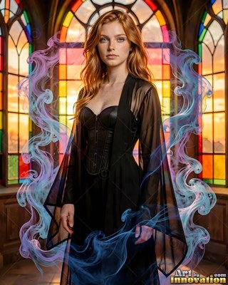 Red-haired woman in a black dress framed by drifting blue smoke