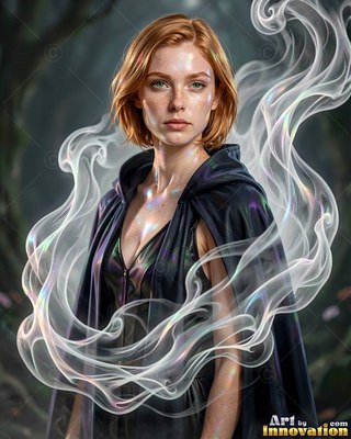 A dark hooded cloak covers a red-haired woman standing in a shadowy forest with pearly smoke around her