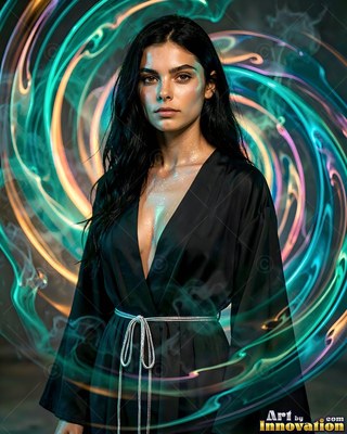 A dark-haired woman stands quietly in a black robe circled by green smoke rings
