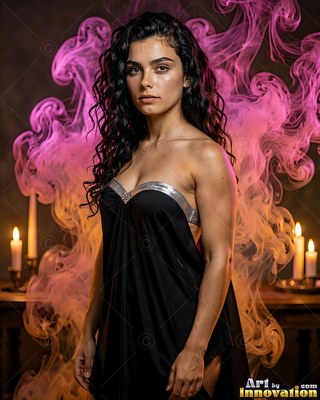Standing gazing ahead in a candlelit room, a woman with pink smoke
