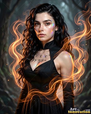 A woman in a black dress stands surrounded by curling orange smoke in a dark forest