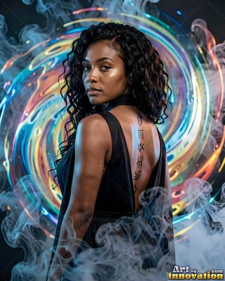 In front of swirling colored rings, a woman in a backless dress looks back