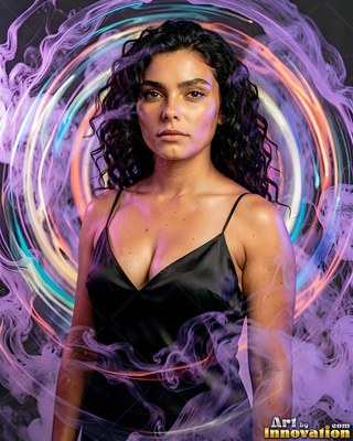 A woman in a black top with rings of purple smoke behind her