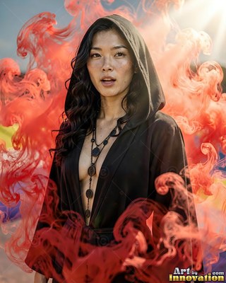 A black hooded robe wraps a woman standing inside swirling red smoke clouds