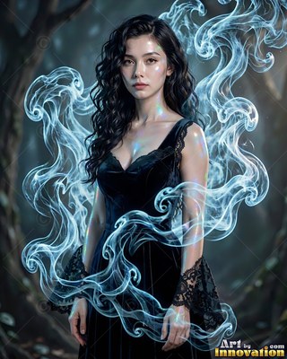 A dark-haired woman pauses still as pale blue smoke curls around her black velvet dress