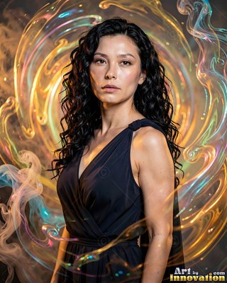 Turned slightly, a woman in a black dress stands inside swirling yellow bubbles