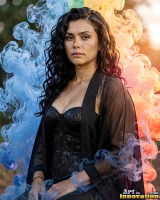 A woman wearing a black corset sits between blue and orange smoke