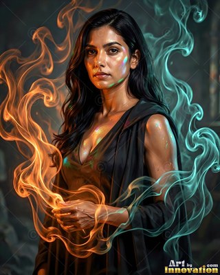 In a dark room, a dark-haired woman holds orange and blue mist trails