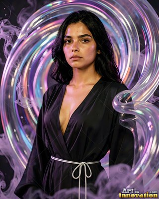Looking forward in a black robe, a woman pauses before spiral glass rings and purple smoke