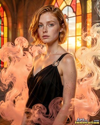 Red-haired woman in a black dress surrounded by pink smoke curls