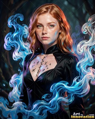 Black dress framing a red-haired woman surrounded by blue mist in dark woods