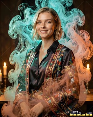 Turned to the front in a dim room, a woman smiling stands in swirling smoke