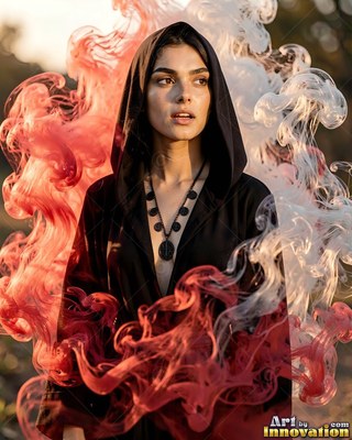 Looking aside, a hooded woman in black stands inside clouds of red smoke