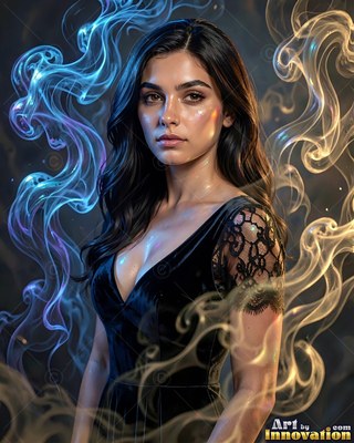 Woman in a black dress surrounded by blue and gold smoke