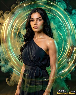 Wearing a black one-shoulder dress, a woman standing encircled by rings of green mist and light