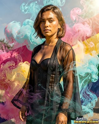 A standing woman gazing ahead as pastel pink and drifting blue smoke drifts in the sunlight