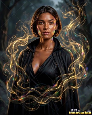 Turned to the front in a dark forest, a woman in black is ringed by gold smoke trails