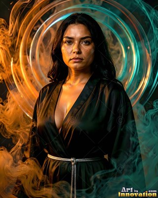 A woman in a black robe stands in front of circular orange and teal smoke