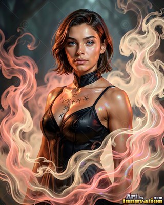 Standing calmly, a tattooed woman in black leather is encircled by pale pink smoke curls