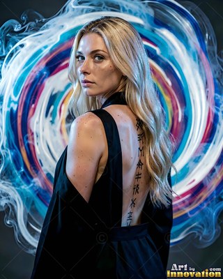 Blonde woman in black dress before swirling blue light ring