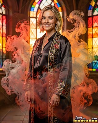A smiling blonde woman in an embroidered black robe stands before stained glass in orange smoke