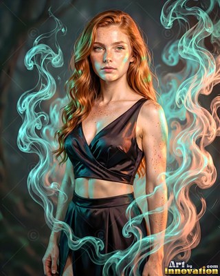 A red-haired woman is standing in a dark top with ribbons of pale green smoke around her
