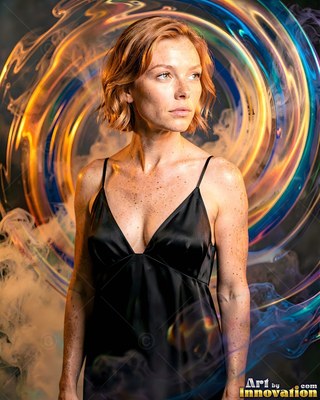 Facing forward, a red-haired standing woman inside swirling blue and gold mist smoke rings