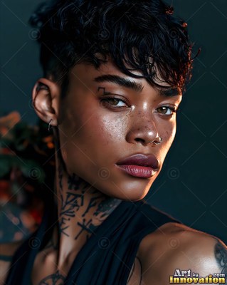 In soft studio light, a woman with short dark hair and neck tattoos looks forward