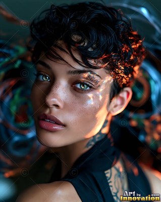 Glancing forward, a freckled woman with short dark curls catches warm light on her cheek