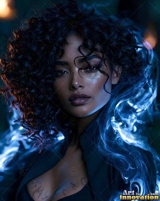 Glitter sparkles on the cheek of a woman surrounded by blue mist in the dark