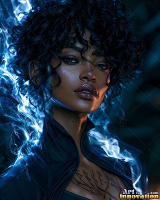A dark-haired woman looks ahead as bright swirling blue smoke curls around her shoulders