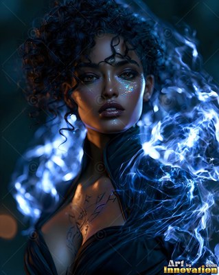 Looking forward in the dark, a woman is wrapped in bright blue mist