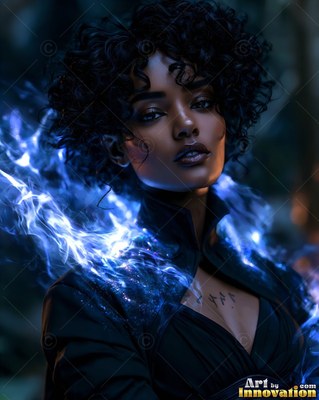 A woman with short curls wears black as blue light drifts around her neck