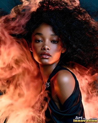 In clouds of peach smoke, a woman with curly hair wears a black dress