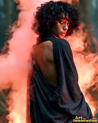 Glancing back over her bare shoulder, a curly-haired woman is standing in coral smoke