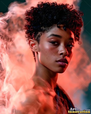 A woman with short curly hair surrounded by pink smoke