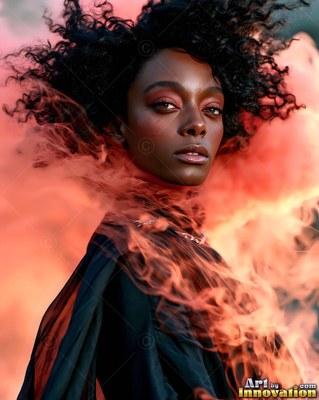 Curly black hair lifts around a woman in a black dress surrounded by swirling peach smoke