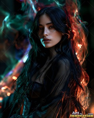 A dark-haired woman looks forward while green and orange smoke curls past her