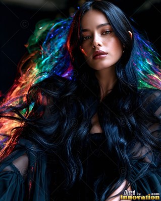 Facing forward in the dark, a woman has long black hair beside rainbow smoke