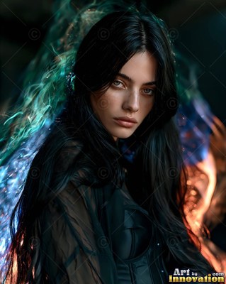 A dark-haired woman in black looks forward as green and blue mist swirls behind her