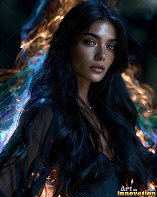 In shadowy darkness, a dark-haired woman pauses by blue and gold trails of light