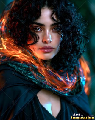 Gazing forward, a dark-haired woman wears a black cloak and an orange fiery scarf