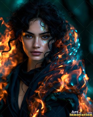 A dark-haired woman wrapped in orange and teal smoke trails