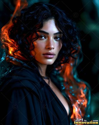 Dark curls frame a woman in black drapery as warm orange mist floats in the shadows behind her