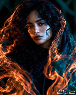 A woman looks forward as ribbons of fiery orange light swirl across her dark hair