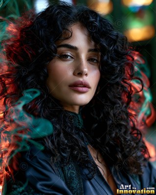 Turned to the front in a dim room, a woman with dark curls in green and red light