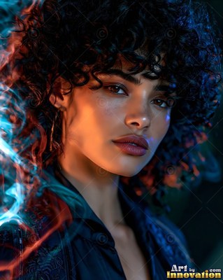 A curly-haired woman looks ahead with warm orange and teal light on her face
