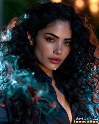 In dark shadow, a curly-haired woman looks ahead beside teal mist